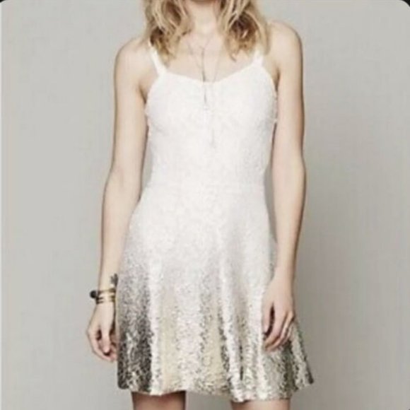 NWT Free People Fit & Flare Mini Dress Ivory Gold Foil Ombre  Lace Boho.  SZ S - Picture 5 of 8